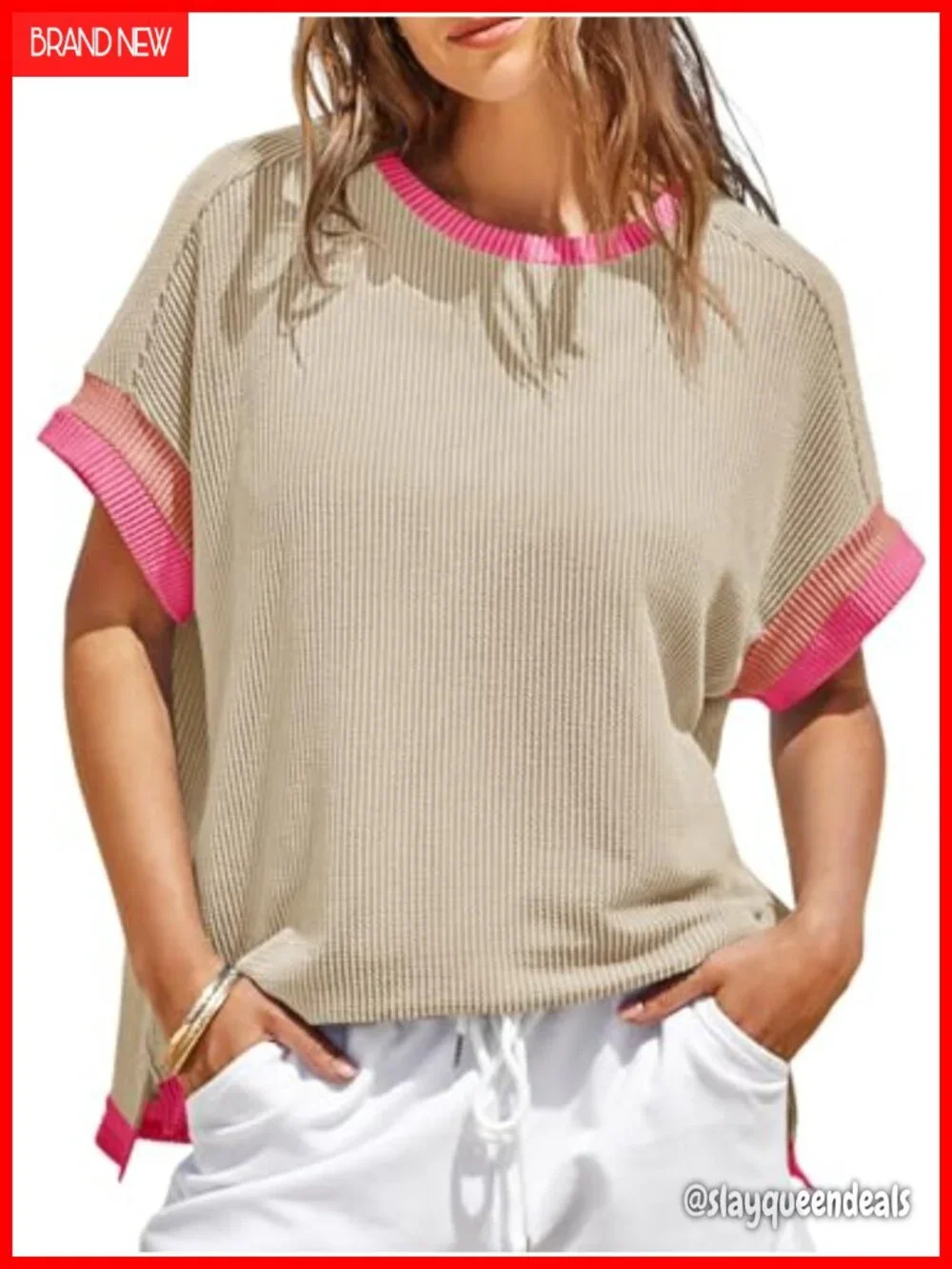 Womens Color Block Oversized Short Sleeve T-Shirt Casual Textured Ribbed Knit